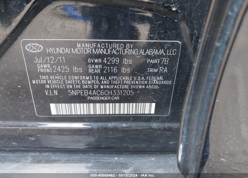 2012 HYUNDAI SONATA GLS VIN: 5NPEB4AC6CH331205