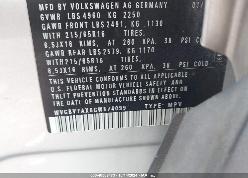2016 VOLKSWAGEN TIGUAN S VIN: WVGBV7AX6GW574099