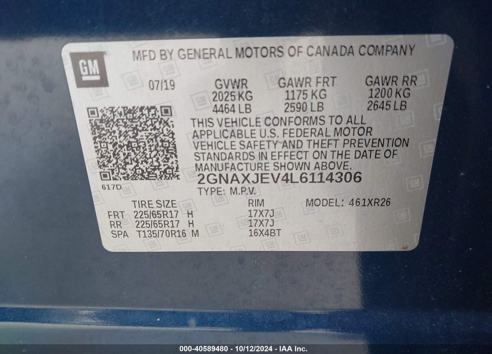 2020 CHEVROLET EQUINOX FWD 2FL VIN: 2GNAXJEV4L6114306