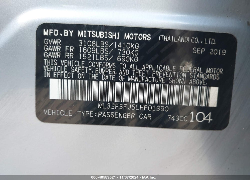 2020 MITSUBISHI MIRAGE G4 ES VIN: ML32F3FJ5LHF01390