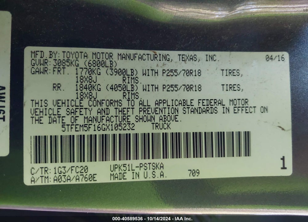 2016 TOYOTA TUNDRA SR5 4.6L V8 VIN: 5TFEM5F16GX105232
