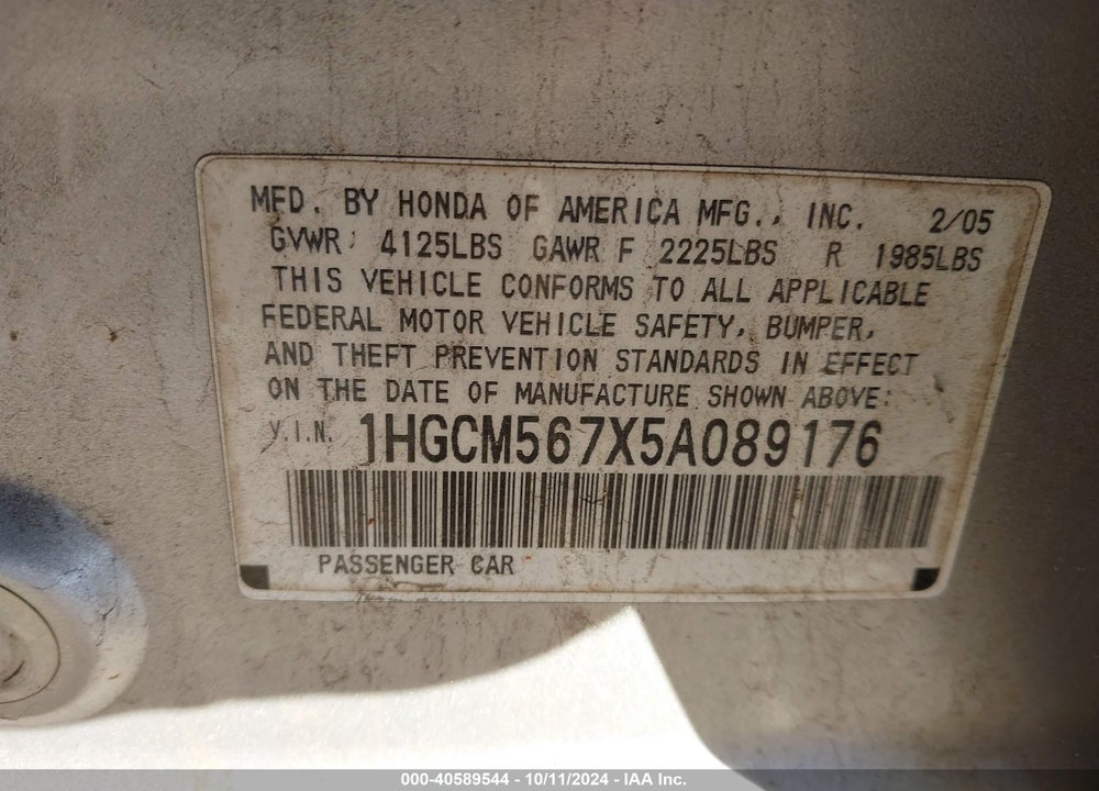 2005 HONDA ACCORD VIN: 1HGCM567X5A089176