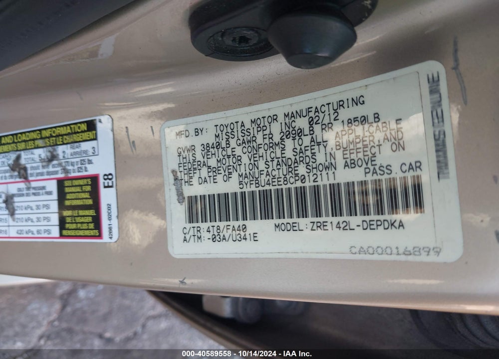 2012 TOYOTA COROLLA L VIN: 5YFBU4EE8CP012111