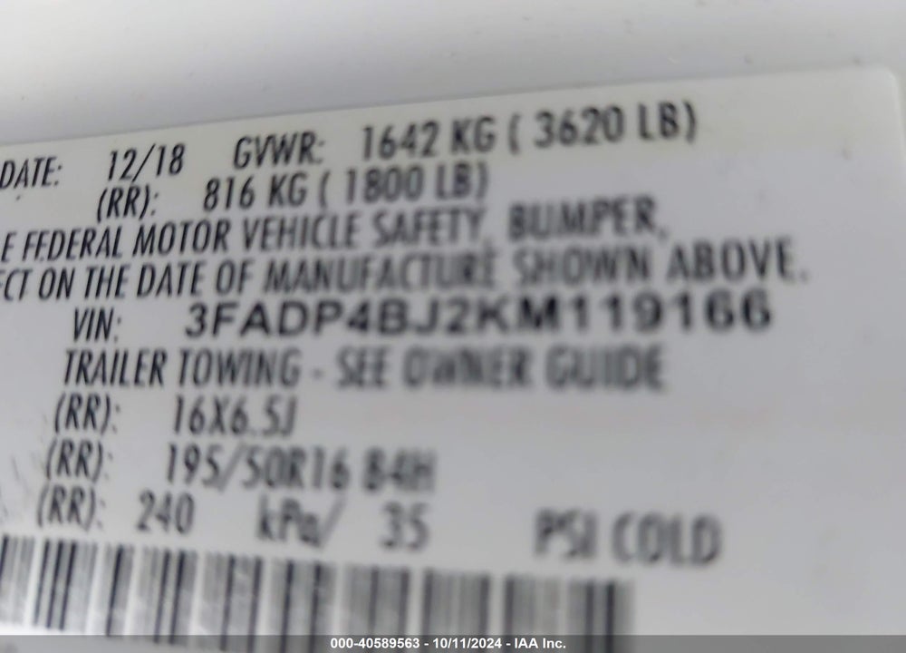 2019 FORD FIESTA SE VIN: 3FADP4BJ2KM119166