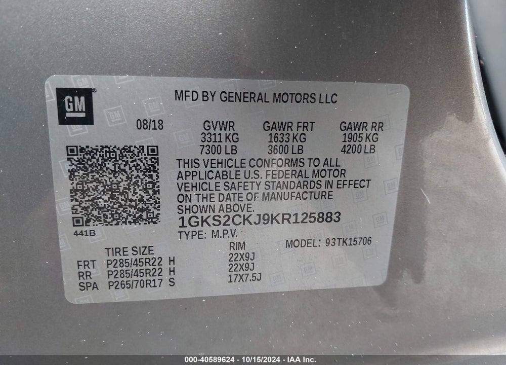 2019 GMC YUKON DENALI VIN: 1GKS2CKJ9KR125883