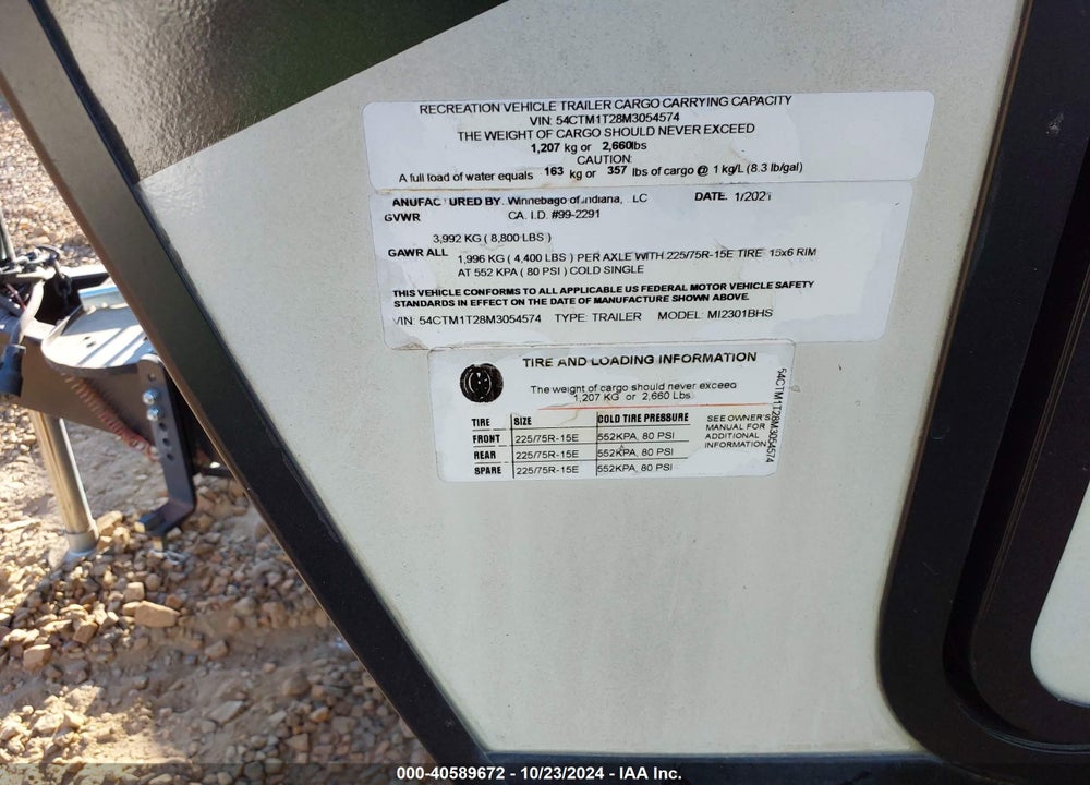 2021 WINNEBAGO 2301BHS VIN: 54CTM1T28M3054574