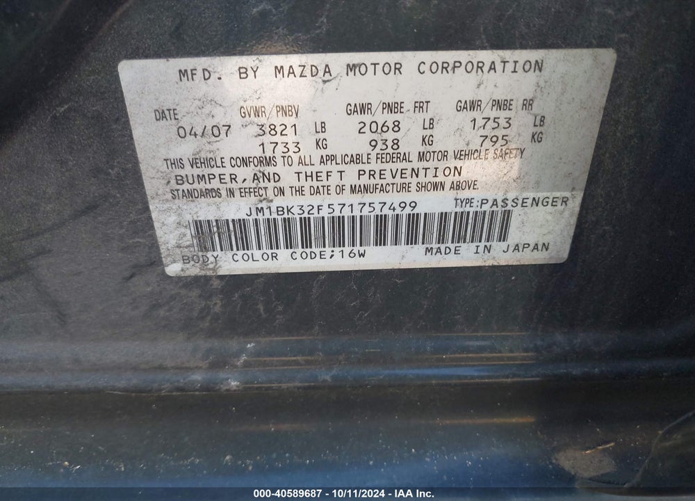 2007 MAZDA 3 I VIN: JM1BK32F571757499