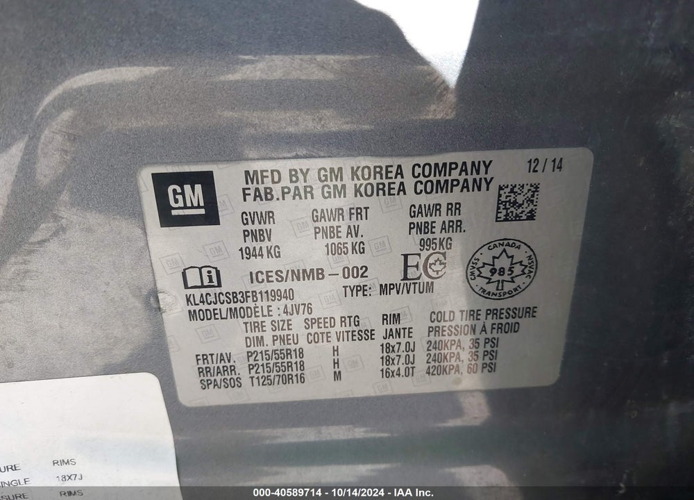 2015 BUICK ENCORE LEATHER VIN: KL4CJCSB3FB119940