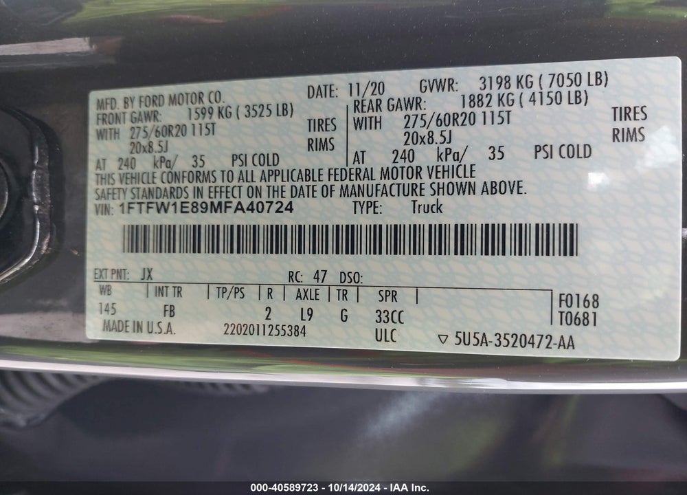 2021 FORD F-150 XLT VIN: 1FTFW1E89MFA40724