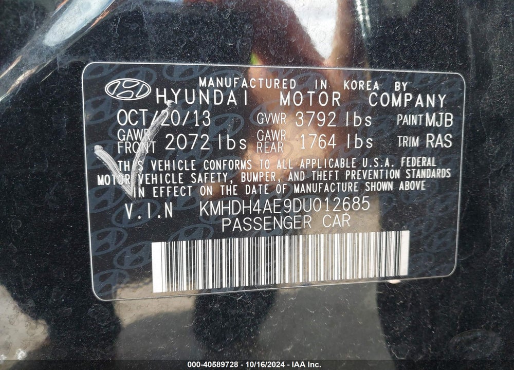 2013 HYUNDAI ELANTRA VIN: KMHDH4AE9DU012685