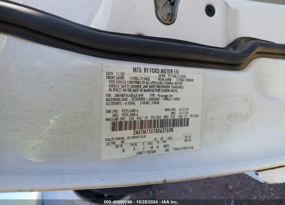 2008 MERCURY GRAND MARQUIS LS VIN: 2MEFM75V18X627698