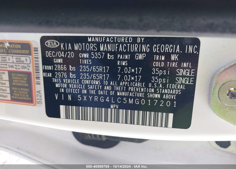 2021 KIA SORENTO LX VIN: 5XYRG4LC5MG017201