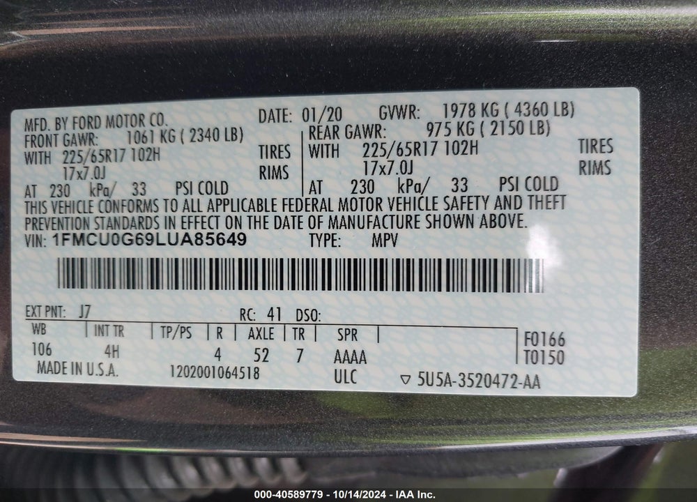 2020 FORD ESCAPE SE VIN: 1FMCU0G69LUA85649
