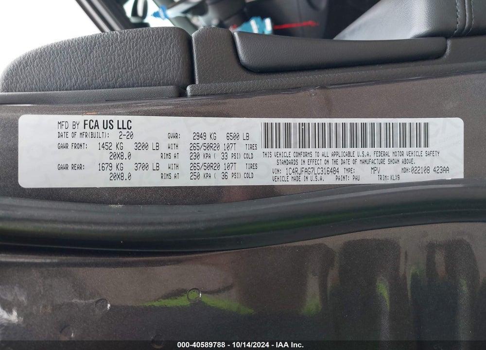 2020 JEEP GRAND CHEROKEE ALTITUDE 4X4 VIN: 1C4RJFAG7LC316484