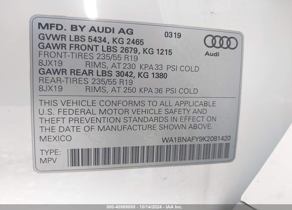 2019 AUDI Q5 45 PREMIUM VIN: WA1BNAFY9K2081420