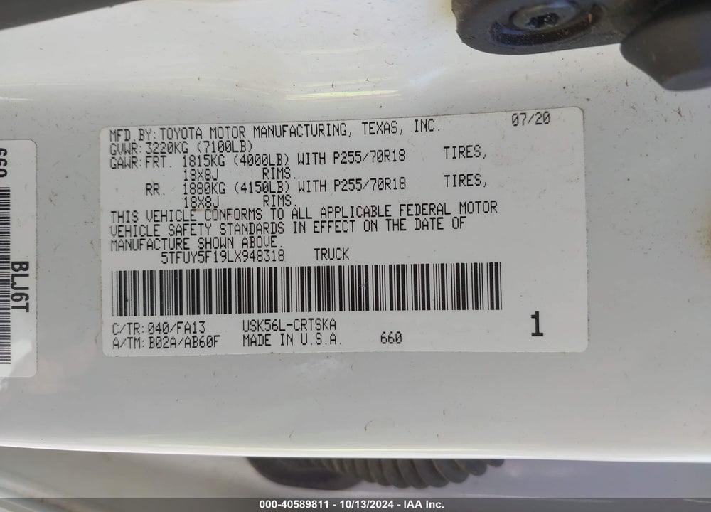 2020 TOYOTA TUNDRA SR VIN: 5TFUY5F19LX948318