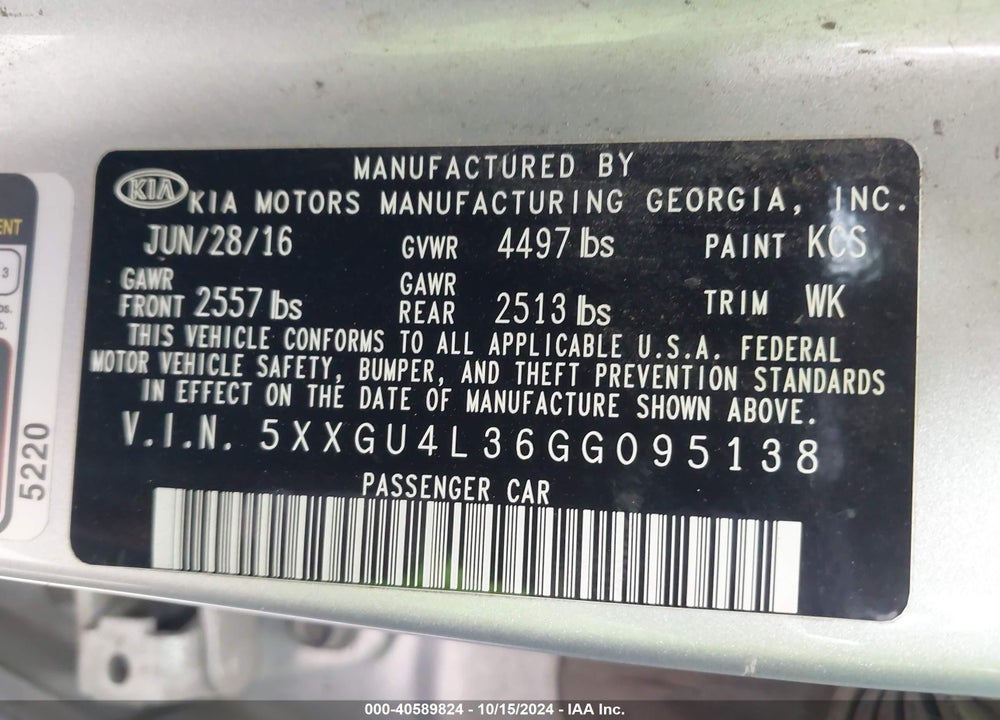 2016 KIA OPTIMA EX VIN: 5XXGU4L36GG095138