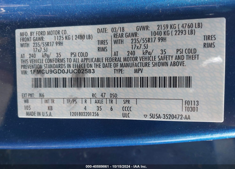 2018 FORD ESCAPE SE VIN: 1FMCU9GD0JUC02583