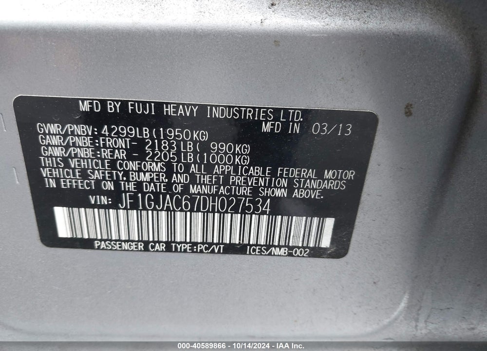 2013 SUBARU IMPREZA 2.0I PREMIUM VIN: JF1GJAC67DH027534