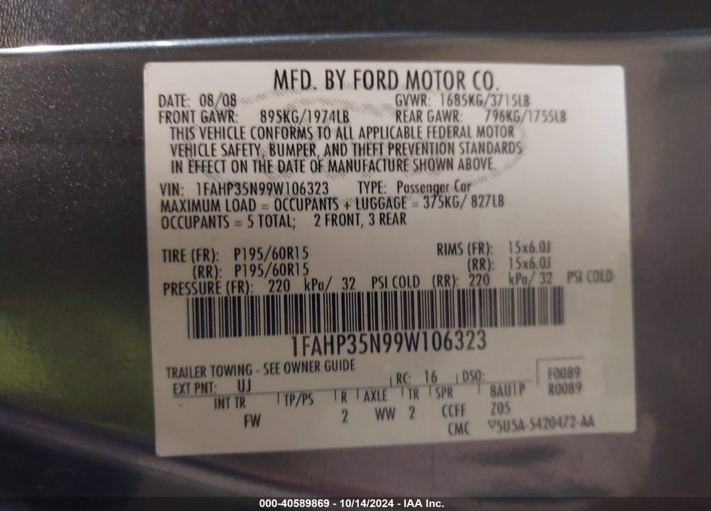 2009 FORD FOCUS SE VIN: 1FAHP35N99W106323