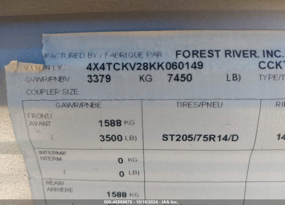 2019 CHEROKEE GREY WOLF VIN: 4X4TCKV28KK060149