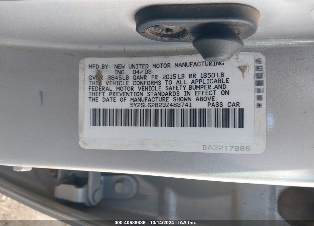 2003 PONTIAC VIBE VIN: 5Y2SL62823Z483741