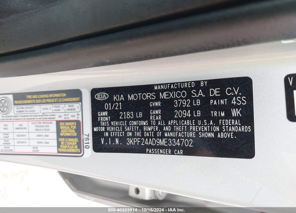2021 KIA FORTE LXS VIN: 3KPF24AD9ME334702