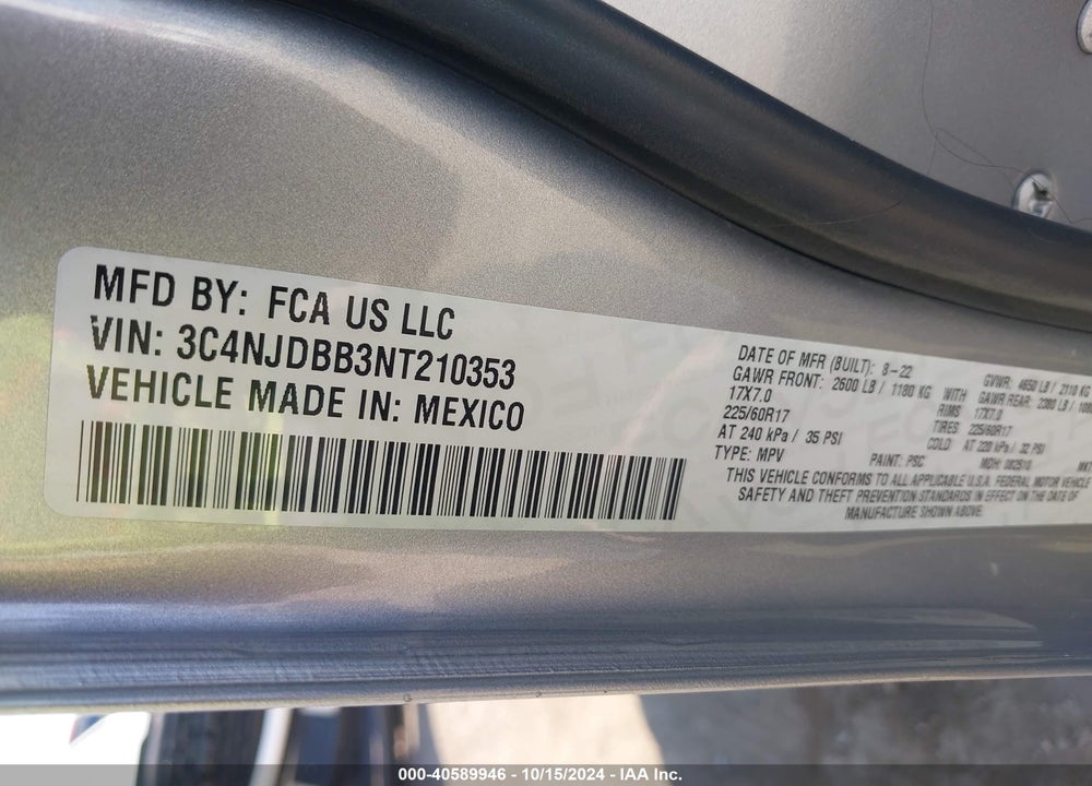 2022 JEEP COMPASS LATITUDE 4X4 VIN: 3C4NJDBB3NT210353