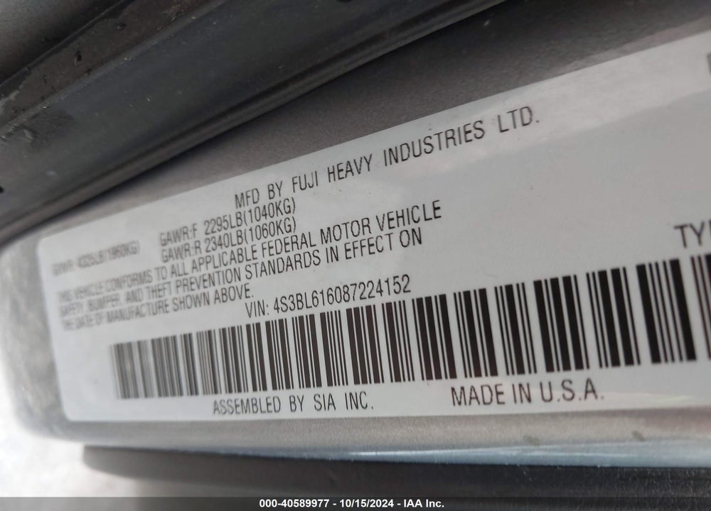 2008 SUBARU LEGACY 2.5I VIN: 4S3BL616087224152