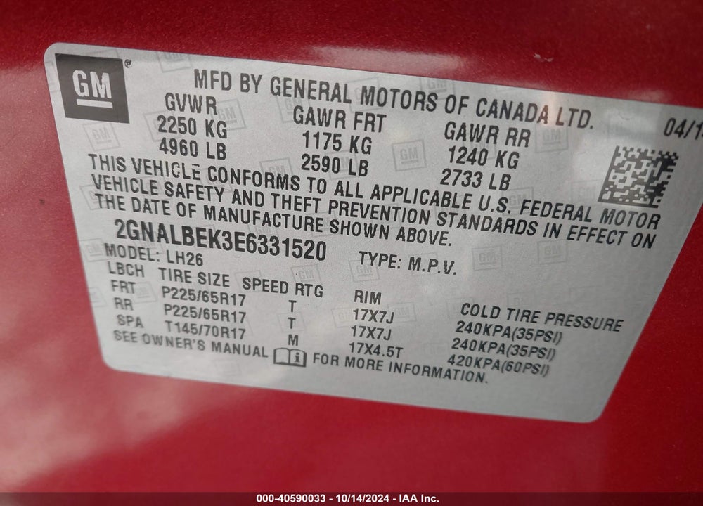 2014 CHEVROLET EQUINOX 1LT VIN: 2GNALBEK3E6331520