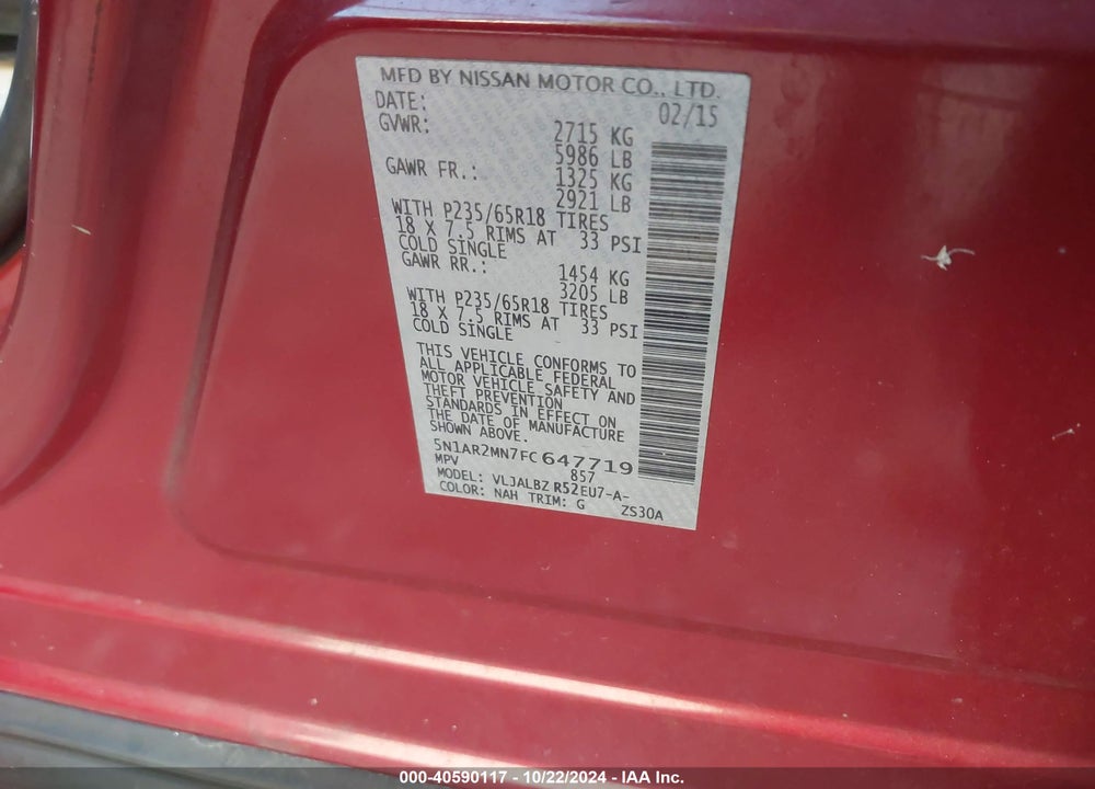 2015 NISSAN PATHFINDER S VIN: 5N1AR2MN7FC647719