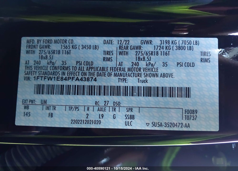 2023 FORD F-150 XLT VIN: 1FTFW1E84PFA43874