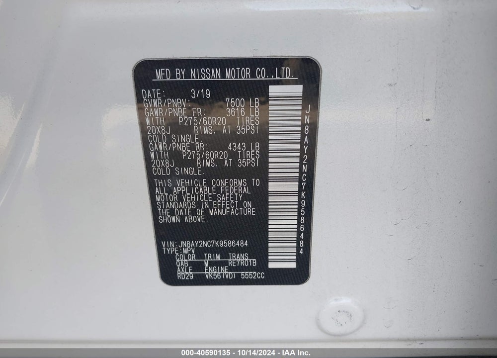 2019 NISSAN ARMADA PLATINUM VIN: JN8AY2NC7K9586484