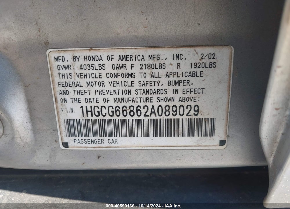 2002 HONDA ACCORD 2.3 EX/2.3 SE VIN: 1HGCG66862A089029