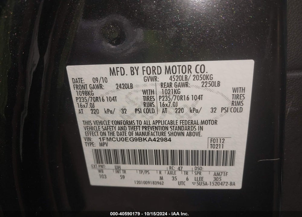 2011 FORD ESCAPE LIMITED VIN: 1FMCU0EG9BKA42984