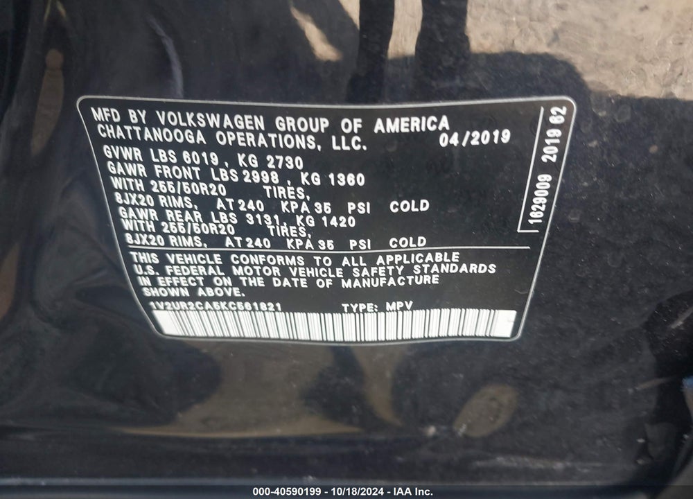 2019 VOLKSWAGEN ATLAS SE VIN: 1V2UR2CA5KC561821