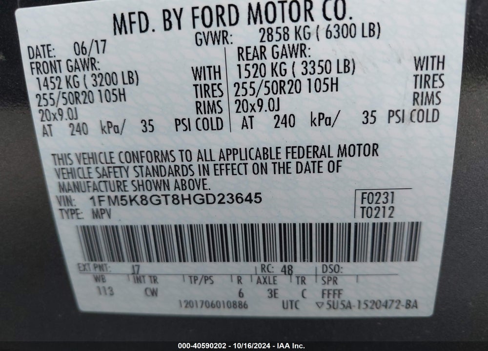 2017 FORD EXPLORER SPORT VIN: 1FM5K8GT8HGD23645