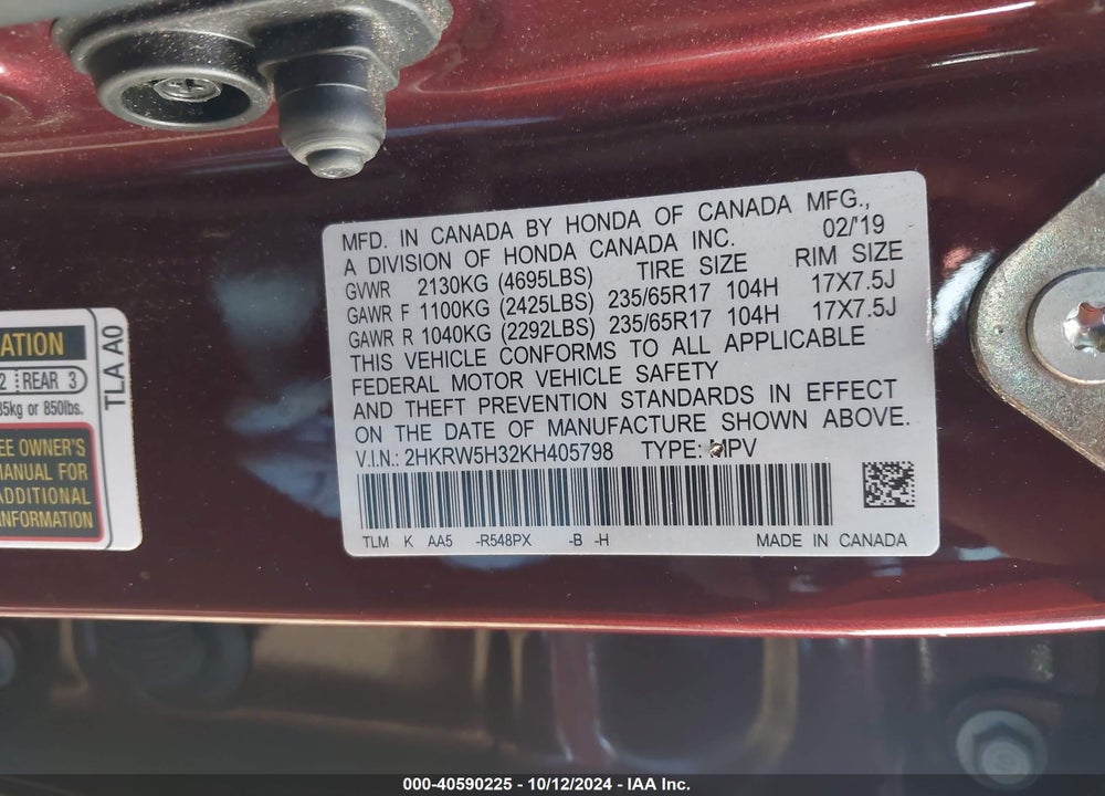 2019 HONDA CR-V LX VIN: 2HKRW5H32KH405798