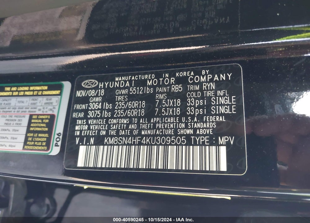 2019 HYUNDAI SANTA FE XL SE VIN: KM8SN4HF4KU309505