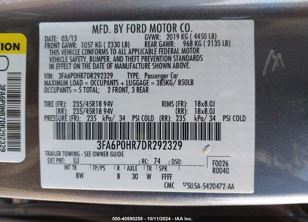 2013 FORD FUSION SE VIN: 3FA6P0HR7DR292329