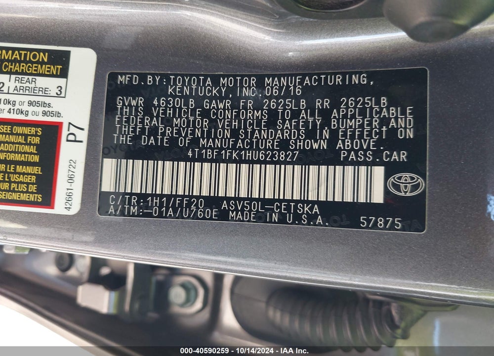 2017 TOYOTA CAMRY SE VIN: 4T1BF1FK1HU623827
