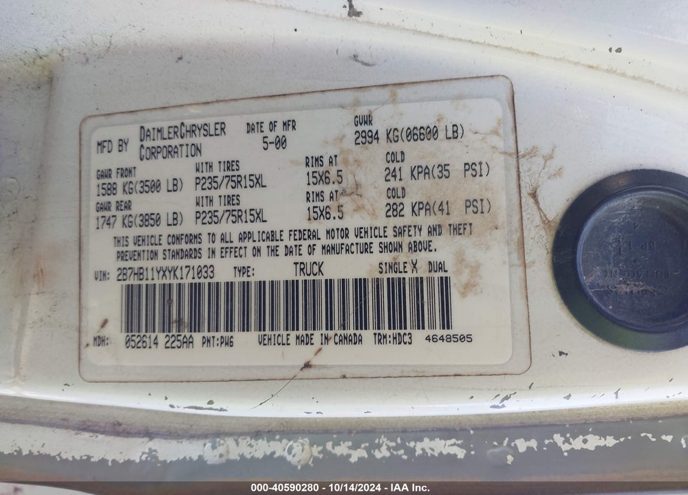 2000 DODGE RAM VAN 1500 CONVERSION VIN: 2B7HB11YXYK171033