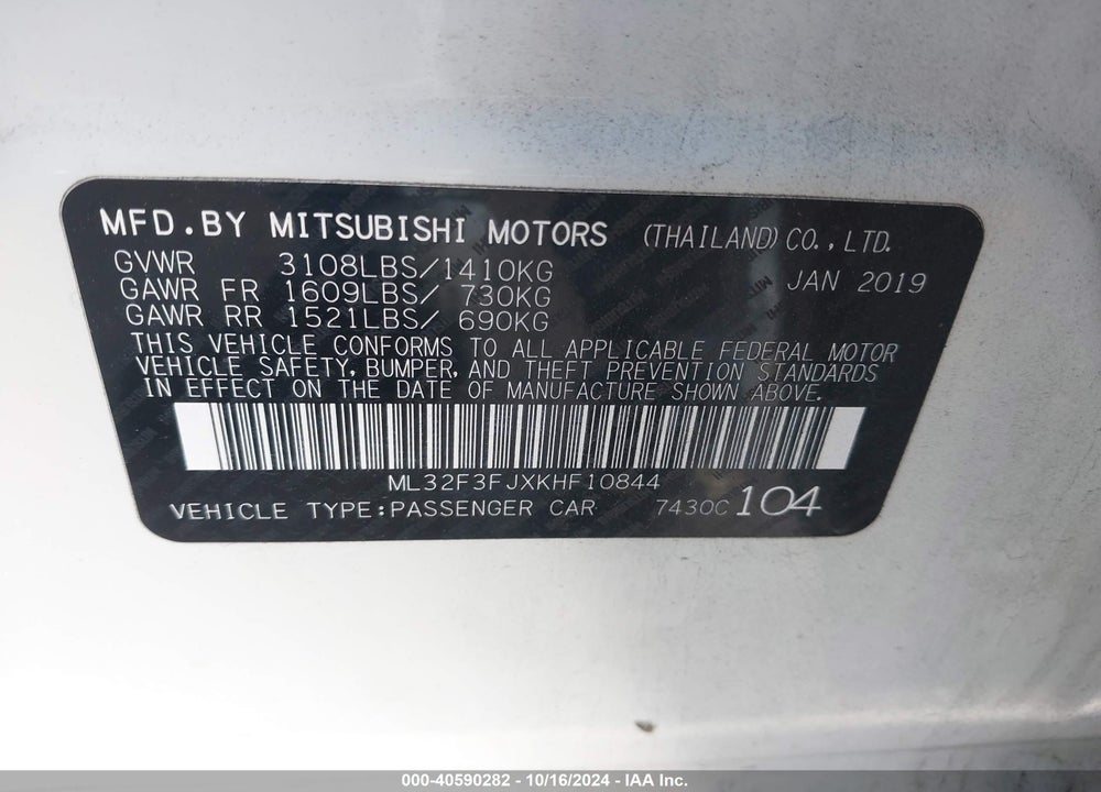 2019 MITSUBISHI MIRAGE G4 ES VIN: ML32F3FJXKHF10844