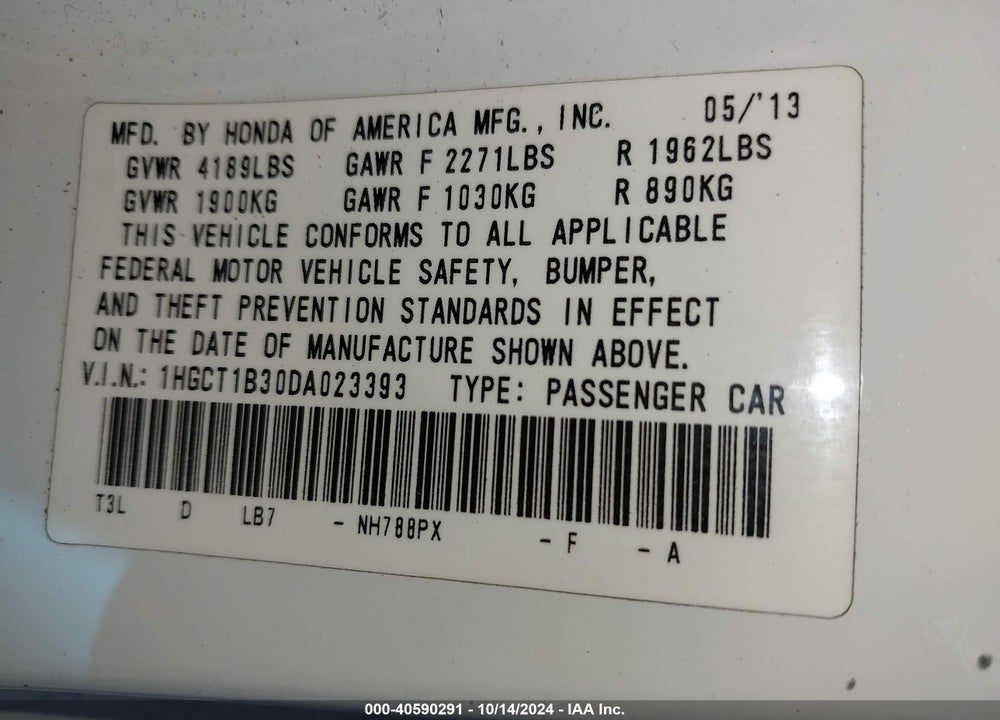2013 HONDA ACCORD LX-S VIN: 1HGCT1B30DA023393