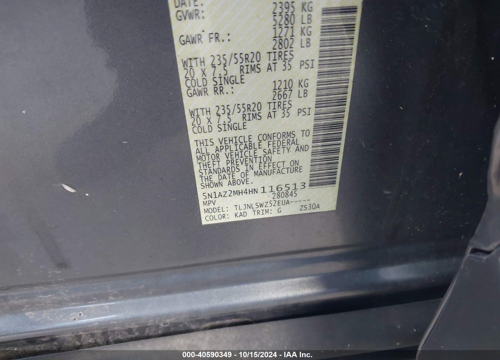 2017 NISSAN MURANO PLATINUM VIN: 5N1AZ2MH4HN116513