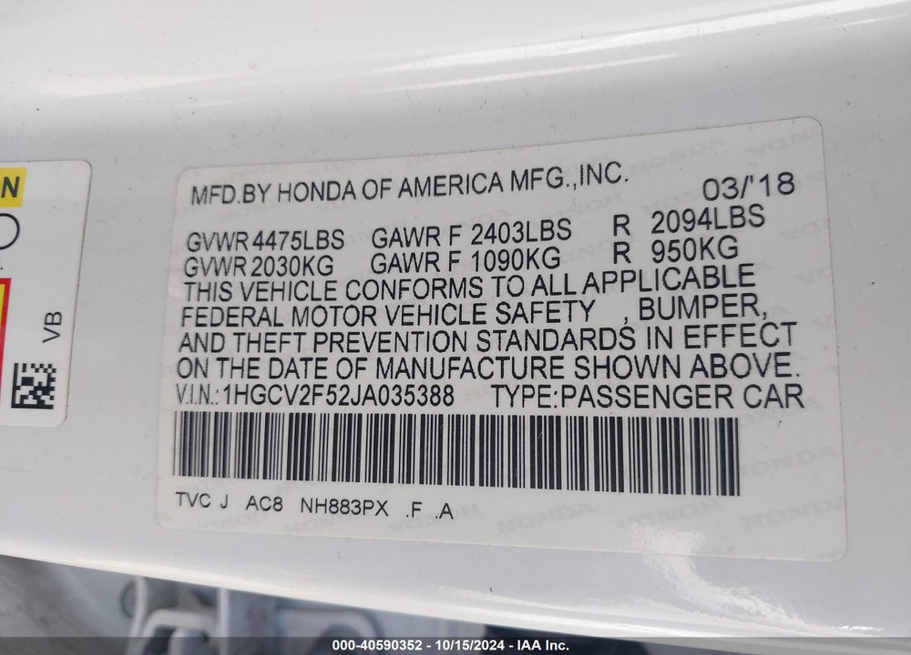 2018 HONDA ACCORD EX-L 2.0T VIN: 1HGCV2F52JA035388