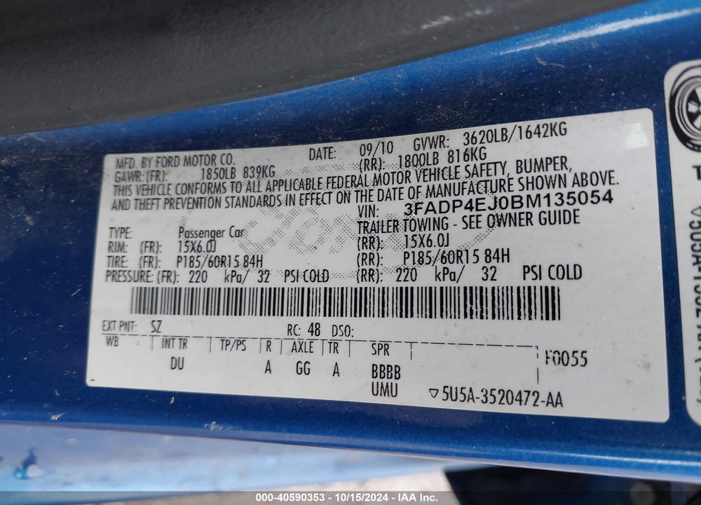 2011 FORD FIESTA SE VIN: 3FADP4EJ0BM135054