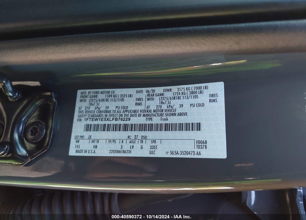 2020 FORD F-150 LARIAT VIN: 1FTEW1E5XLFB76229