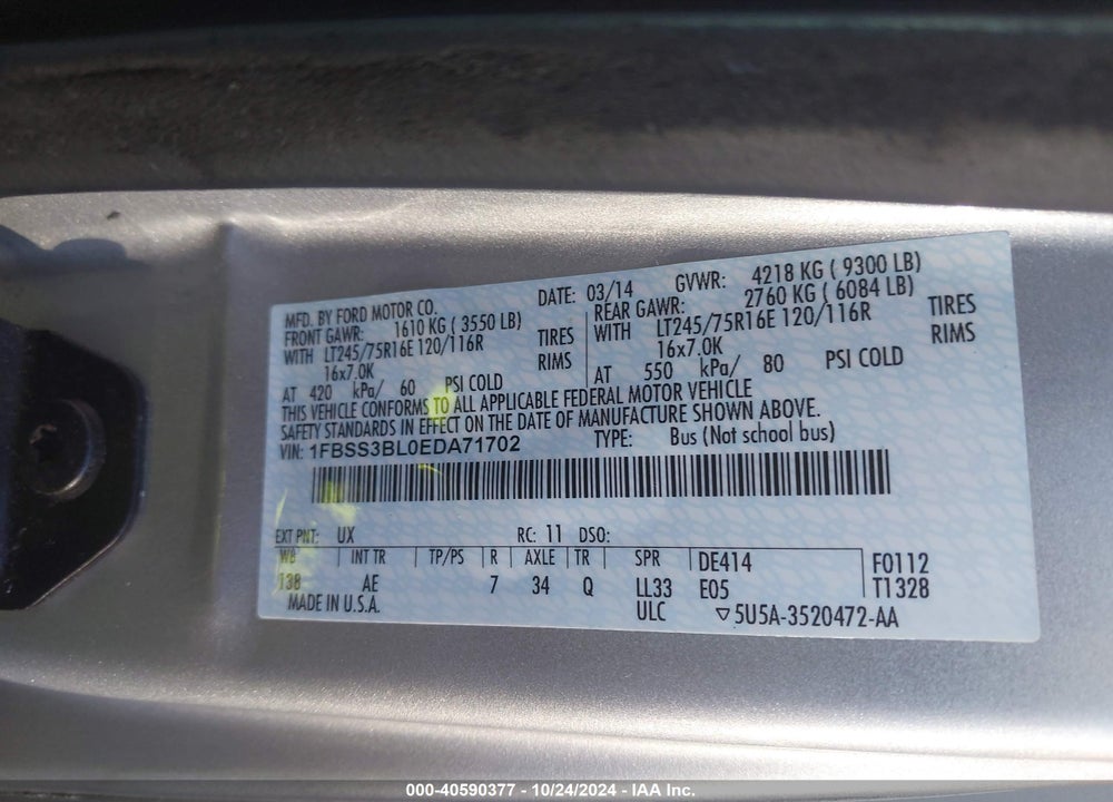 2014 FORD E-350 SUPER DUTY XL VIN: 1FBSS3BL0EDA71702