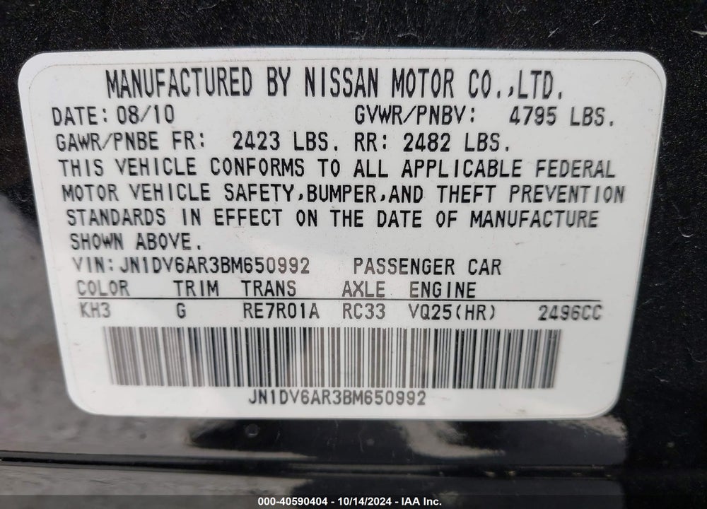 2011 INFINITI G25X VIN: JN1DV6AR3BM650992